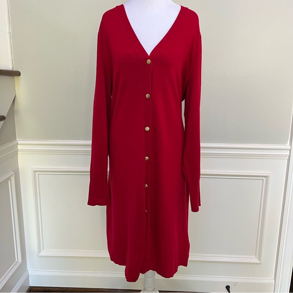 Susan Graver Red Sweater Dress With Gold Buttons Size XL